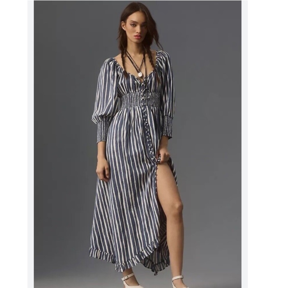 LONG-SLEEVE SMOCKED-WAIST STRIPE MAXI DRESS